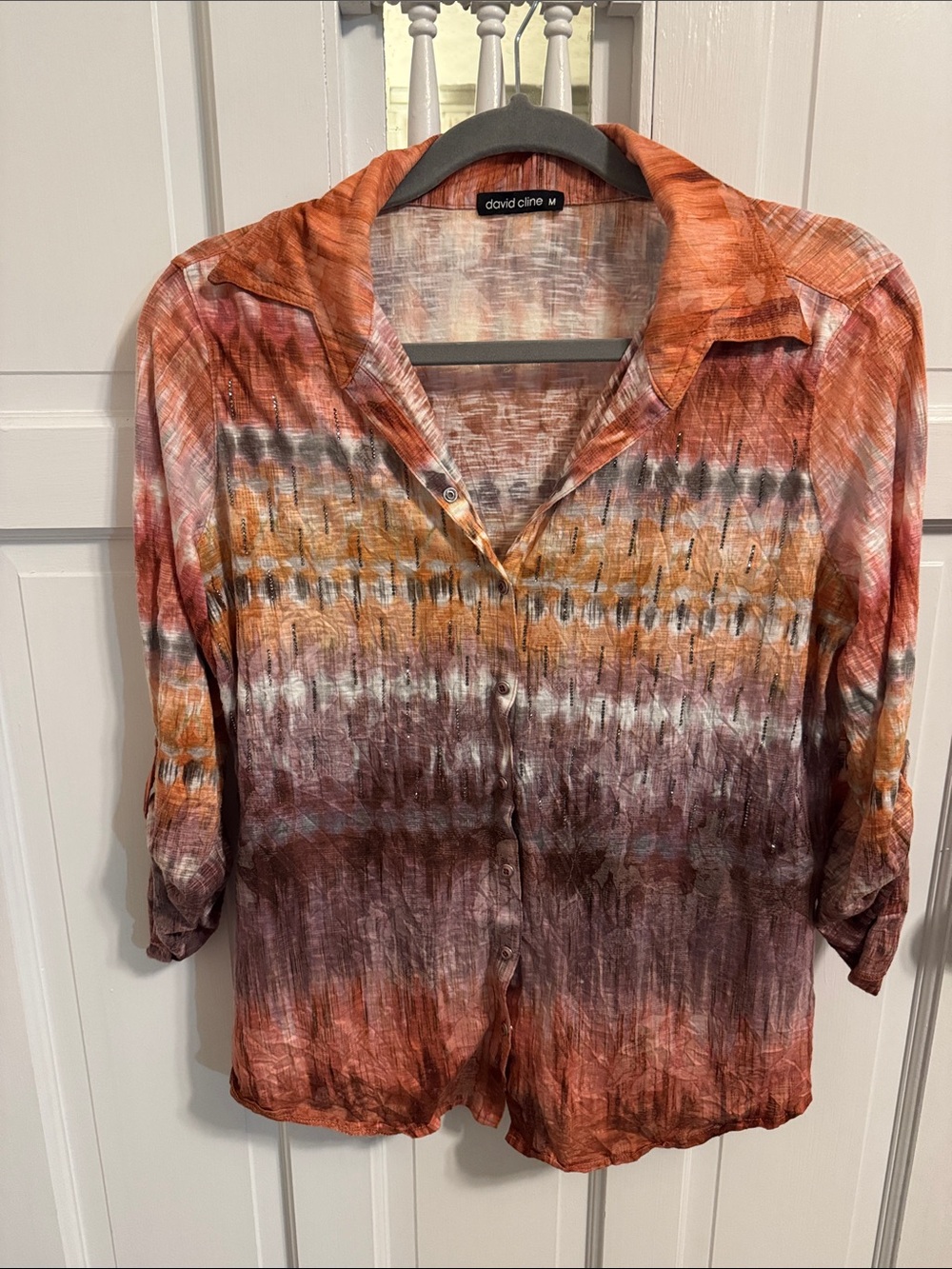 David Cline Wearable Art Crinkle Knit 3/4 Sleeve Boho tie-dye